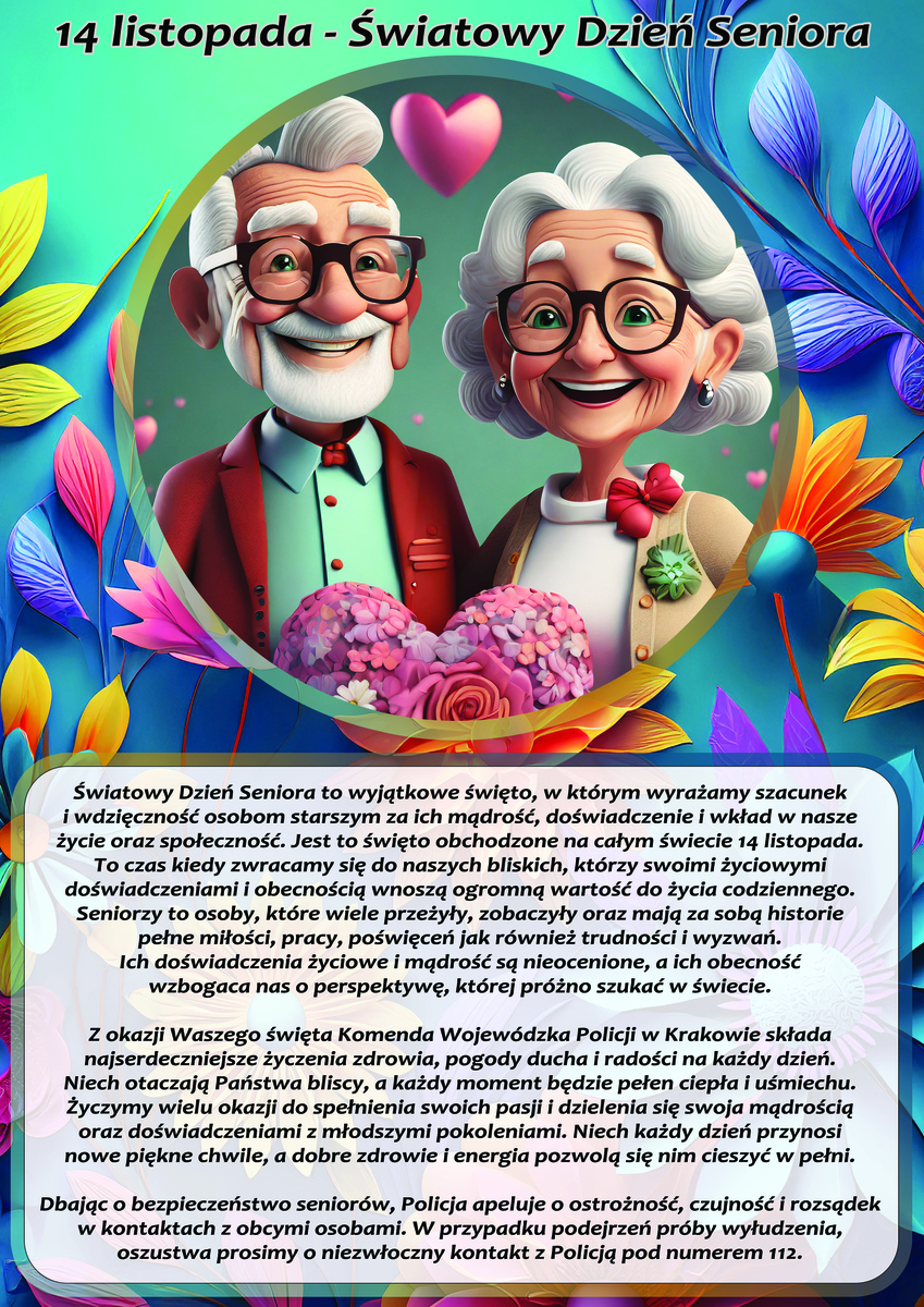 rysunkowa grafika przedstawiaja uśmiechniętych dziadków, tekst z grafiki zawarty jest w treści artykułu