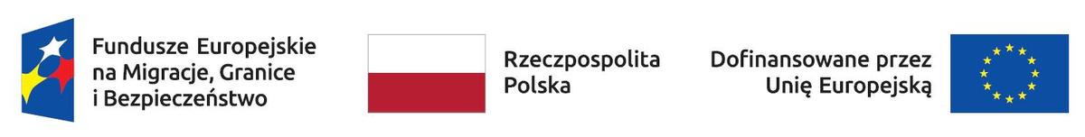 Grafika przedstawia logo Funduszy Europejskich na Migracje, Granice i Bezpieczeństwo, logo flagi Rzeczpospolitej Polskiej oraz Unii Europejskiej: Po lewej stronie znajduje się znak graficzny Funduszy Europejskich – kolorowy symbol przypominający stylizowaną flagę z trzema gwiazdkami w kolorach: białym, żółtym i czerwonym. W środkowej części grafiki znajduje się białoczerwony prostokąt - logo flagi polskiej a po prawej stronie widnieje flaga Unii Europejskiej – granatowy prostokąt z dwunastoma żółtymi gwiazdami ułożonymi w okrąg. 