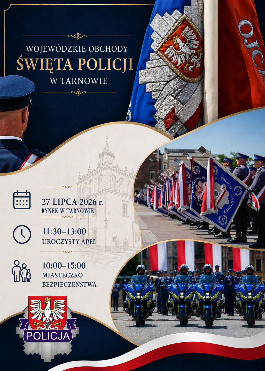 grafika promująca centralne małopolskie obchody święta policji, które odbędą się 27 lipca w Tarnowie