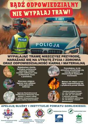 plakat informacyjny z apelem służb dotyczący wiosennego wypalania traw