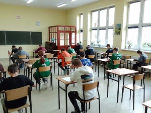 Uczniowie siedzący na krzesłach przy stolikach piszący test. Osoby siedzą w klasie, są tyłem.