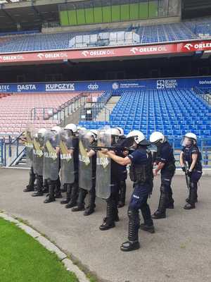 umundurowani policjanci wyposażeni w tarcze ochronne stojący frontem do płyty stadionu