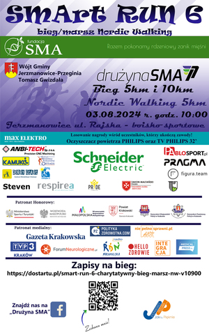 plakat biegu SMART RUN z grafioką biegaczy, z logo i danymi patronatu oraz organizatorów