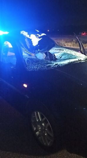 Zniszczenia samochodu volkswagen po zderzeniu z rowerzystą widok z przodu i prawej strony pojazdu