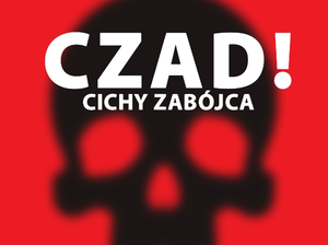 czarna czaszka na czerwonym tle i napis czad cichy zabójca