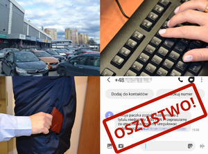 4 zdjęcia - 1 samochody przed galerią handlową, 2 dłoń na klawiaturze komputera, 3 dłoń wyciągająca portfel z kieszeni innej osoby, 4 fałszywy sms