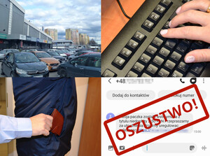 4 zdjęcia - 1 samochody przed galerią handlową, 2  dłoń na klawiaturze komputera, 3 dłoń wyciągająca portfel z kieszeni innej osoby, 4 fałszywy sms