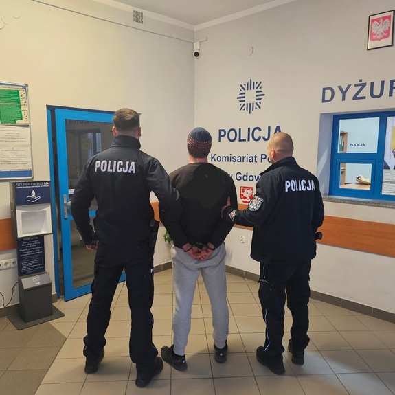 Dwóch policjantów, pomiędzy nimi osoba zatrzymana, wszyscy obróceni tyłem