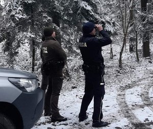 Umundurowany policjant, który patrzy przez lornetkę. Obok stoją straznicy leśni.