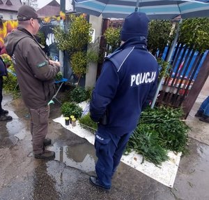policjant i strażnik leśny podczas kontroli na jednym z targowisk