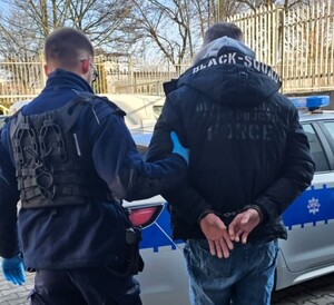 umundurowany policjant prowadzi zatrzymanego z kajadankami założonymi na ręce trzymane z tyłu do radiowozu
