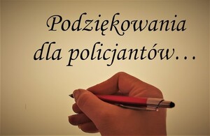 KPP Oświęcim. napis Podziękowania dla policjantów , ręka trzymająca długopis
