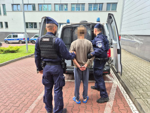 policjanci wprowadzają zatrzymanego do radiowozu