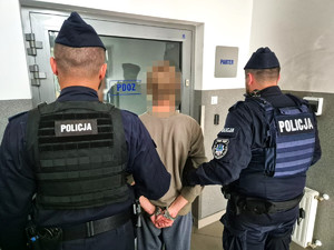 umundurowani policjanci prowadzą młodego mężczyznę, przed nimi drzwi do PDOZ
