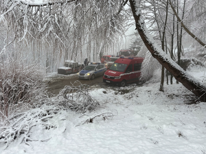 Na drodze w lesie widać samochody Straży pożarnej oraz policyjny radiowóz. Wszystko wokoło jest ośnieżone.