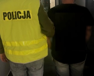 Po lewej stronie nieumundurowany policjant w odblaskowej kamizelce z napisem Policja, który trzyma zatrzymanego mężczyznę. Osoby są tyłem.