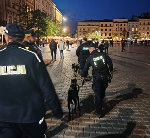 policjanci z psami służbowymi podczas kontrolowania centrum miasta