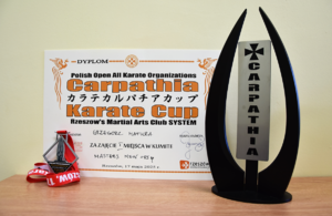 Puchar i dyplom za zajęcie 1. miejsca w turnieju karate