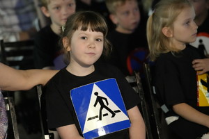 chłopiec w podkoszulku z obrazkiem znaku drogowego