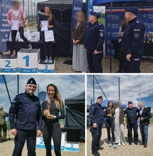 Po lewej stronie dwie dziewczyny stojące na podium, obok dwóch policjantów i dwie kobiety, poniżej policjant i dziewczyna trzymająca puchar, a obok dwaj policcjanci, dwie kobiety i mężczyzna w stroju cywilnym.