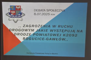 Logo Komendy Powiatowej Policji w Bochni oraz temat i data debaty społecznej