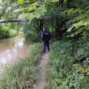 Dzielnicowy kontroluje stan potoku