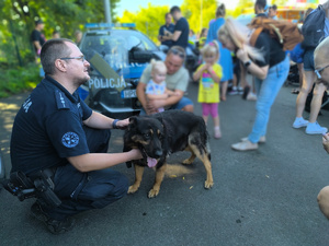policyjny przewodnik z psem służbowym na wydarzeniu, wokół uczestnicy tego wydarzenia