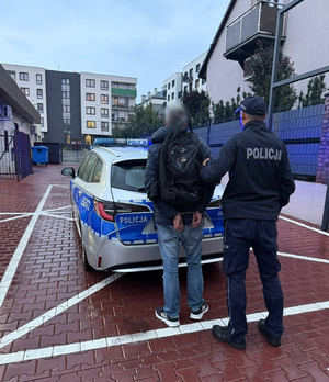 policjant i zatrzymany z kajdankami na rękach z tyłu  za radiowozem