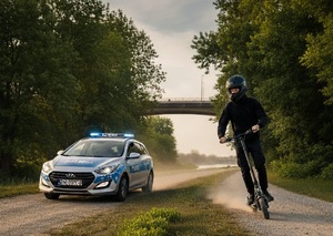 Po lewej oznakowany radiowóz, po prawej kierujacy hulajnoga elektryczną