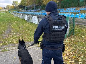 policyjny przewodnik z psem stojący przy bramie stadionu
