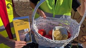 W koszyku jabłka i cytryny i po lewej ulotka z napisem Noś odblaski bądź bezpieczny