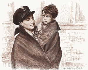 Policjantka z izby zatrzymań z dzieckiem na ręku, 1939 r., Referat Policji Kobiecej Centrali Służby Śledczej w Warszawie, rysunek wykonano w 2018 r. (Autor rysunku: Marek Szałajski)