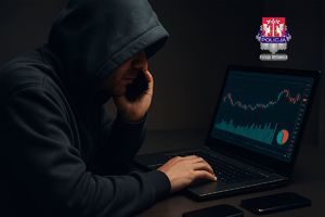 grafika przedstawiająca mężczyzna w kapturze trzymającego w ręce telefon, siedzącego przed laptopem, na którego ekranie widać wykresy