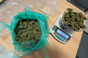 Substancja koloru zielonego znajdująca się na stole oraz na wadze