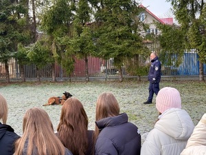 Pies słuzbowy lezy na trawie a przed nim jego przewodnik