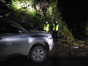 noc, policjant i strażnik leśny podczas patrolu w terenie leśnym