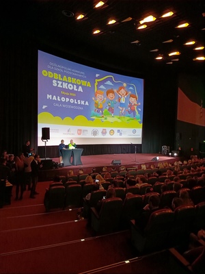 Sala kinowa e ekranem przedstawiającym plakata Odblaskowej Szkoły, na scenie prowadzący galę