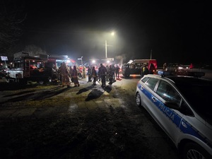 policyjny radiowóz a w tle służby biąrące udział w poszukiwaniach