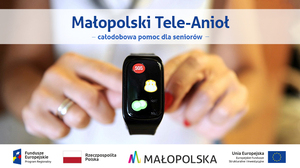 plakat akcji "Małopolski Tele Anioł" - osoba trzymająca w ręce smartwatch