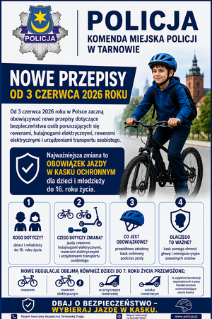 Grafika informacyjna Komendy Miejskiej Policji w Tarnowie zapowiadająca nowe przepisy od 3 czerwca 2026 roku dotyczące obowiązku jazdy w kasku ochronnym dla dzieci i młodzieży do 16. roku życia. Zmiana dotyczy jazdy rowerem, hulajnogami elektrycznymi, rowerami elektrycznymi i urządzeniami transportu osobistego. Prawidłowo założony kask pomaga chronić głowę i zmniejsza ryzyko poważnych urazów. Nowe regulacje obejmą również dzieci do 7. roku życia przewożone rowerem, rowerem elektrycznym, w przyczepce rowerowej lub wózku rowerowym, z wyjątkiem konstrukcji wyposażonych w pasy bezpieczeństwa uniemożliwiające użycie kasku. Grafika zawiera hasło Dbaj o bezpieczeństwo – wybieraj jazdę w kasku, odesłanie do strony www.policja.pl oraz zdjęcie uśmiechniętego chłopca w kasku, jadącego na rowerze.