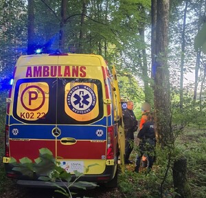 policjanci stoją z ratownikiem obok karetki