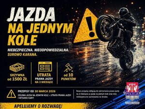 grafika przedstawiająca motocyklistę na jednym kole i informacje na temat przepisów ruchu drogowego