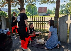 KPP Oświęcim. Bezpieczne wakacje wspólna akcja Policji, Straży Granicznej i uczniów i nauczyciela PZ nr 6 w Brzeszczach  uczestnicy oraz kierująca 2