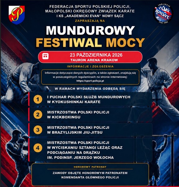Plakat promocyjny wydarzenia „Mundurowy Festiwal Mocy”, które odbędzie się 23 października 2026 roku w Tauron Arenie Kraków. Wydarzenie obejmuje zawody sportowe służb mundurowych pod honorowym patronatem Komendanta Głównego Policji.