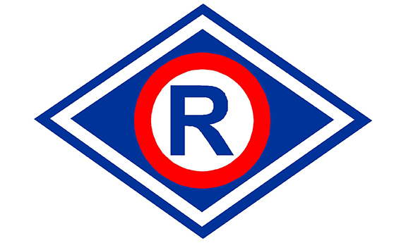 logo wydziału ruchu drogowego - litera R w kółku w centralnej części rombu