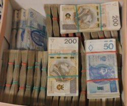 kilkadziesiąt pakietów z gotówka o nominałach dwieście oraz 50 złotych spakowanych do kartonowego pudła