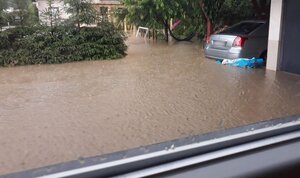 podtopione podwórko i samochód stojący pod wiatą - fotografia mieszkanki Łososiny Dolnej