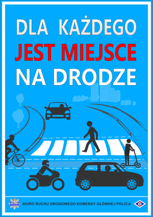 plakat akcji dla każdego jest miejsce na drodze, niebieskie tło, rysunek roweru i auta