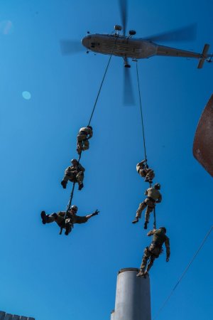 18 policjanci na linie desantują się ze śmigłowca , widać komin elektrowni