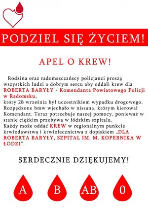Plakat zachęcający do oddawania krwi dla chorego policjanta